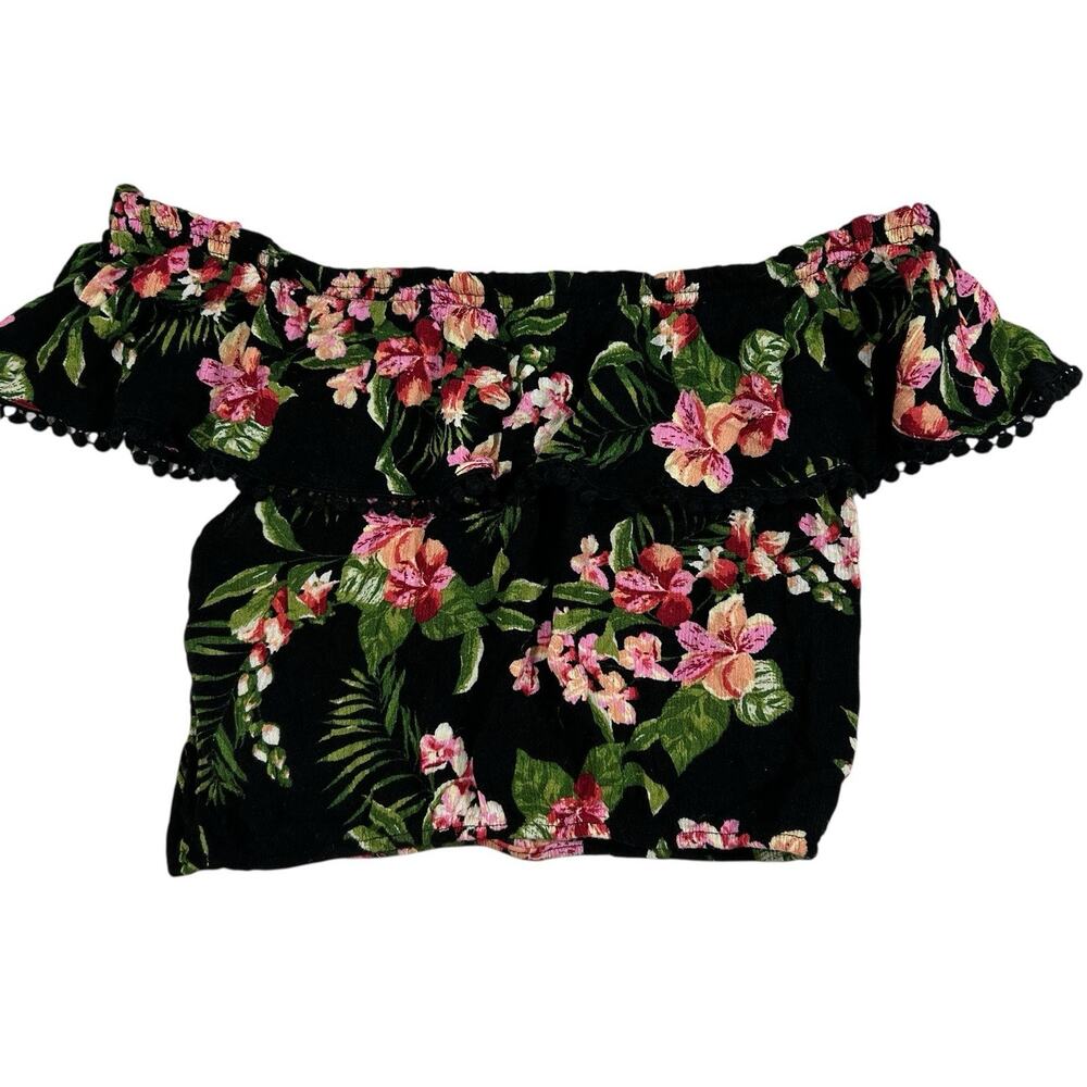 Ambiance Womens Crop Top Black Tropical Floral Off Shoulder Ruffle Pom Trim Sz M
